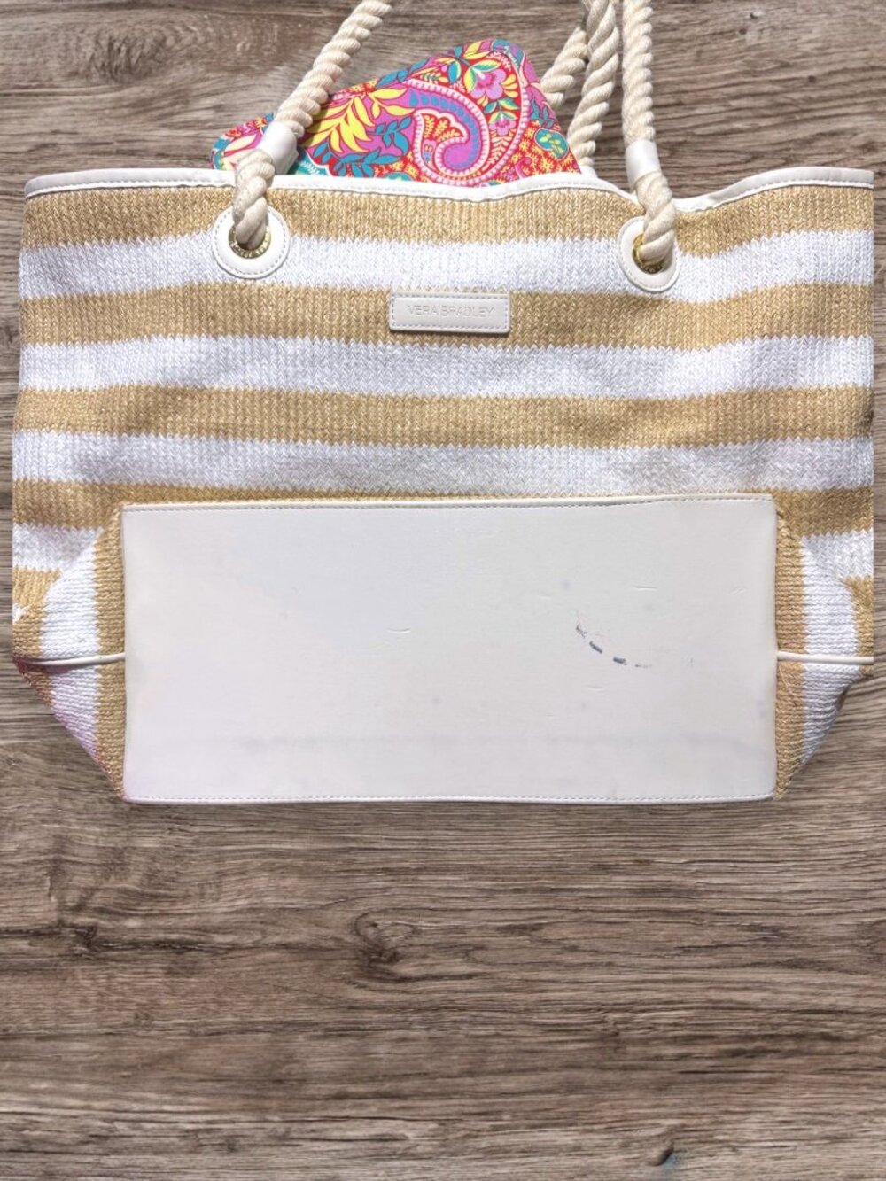 Vera Bradley Large Beach Tote Bag Beige White Stripe Rope Handle Coastal - Picture 4 of 5